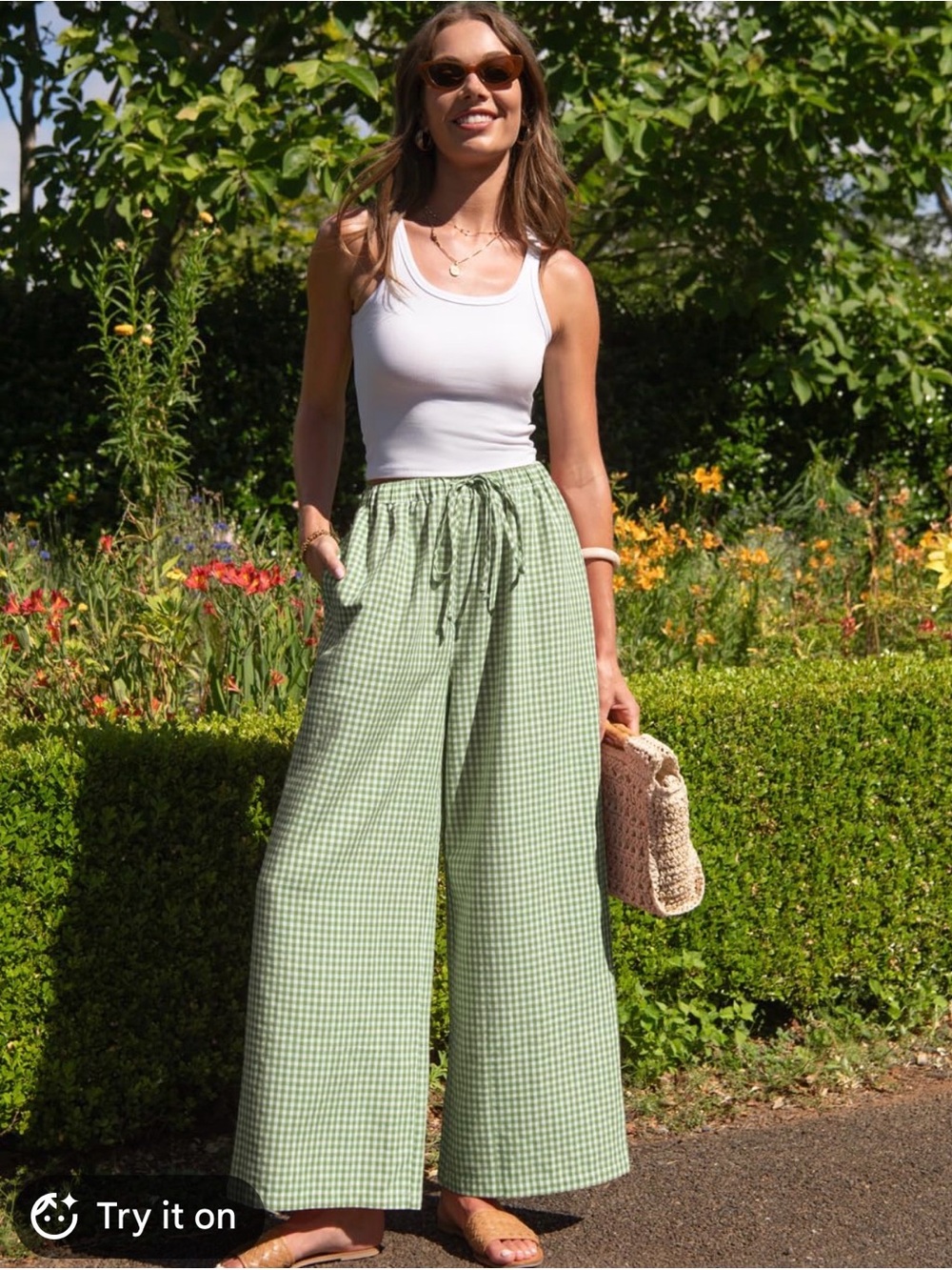 TARSE Womens Linen Striped Gingham Wide Leg Pants Palazzo Drawstring Lounge  2XL